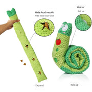 Green snake-shaped Plush Frog Dog Toy with features highlighted on a white background