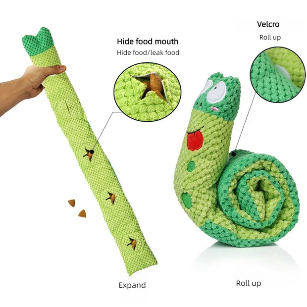 Green snake-shaped Plush Frog Dog Toy with features highlighted on a white background