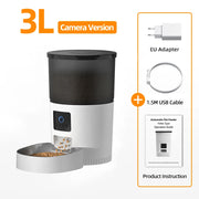 ROJECO Automatic Cat Feeder with Camera and Voice Recorder featuring 3L capacity for multiple days of feeding, shown with product size and specifications.