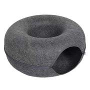 Gray donut-shaped Felt Cat Cave Bed on a white background