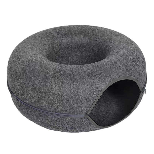 Gray donut-shaped Felt Cat Cave Bed on a white background