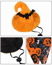 Halloween Pet Hat And Drool Towel Set  with bat design, black bag, and pumpkin patterned bag.