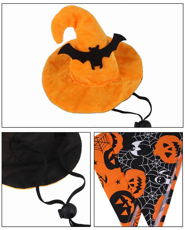 Halloween Pet Hat And Drool Towel Set  with bat design, black bag, and pumpkin patterned bag.
