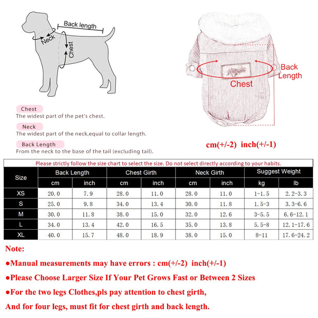 Measurement chart for Corduroy Dog coat with a diagram of a dog and coat, and size chart.