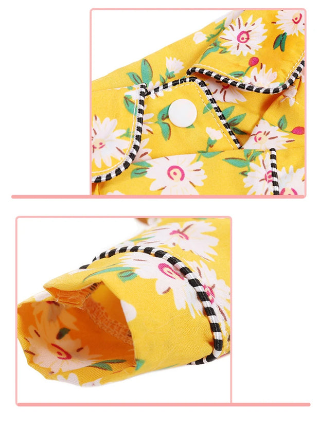 Yellow floral Elegant Pet Shirt with black and white trim on a white background