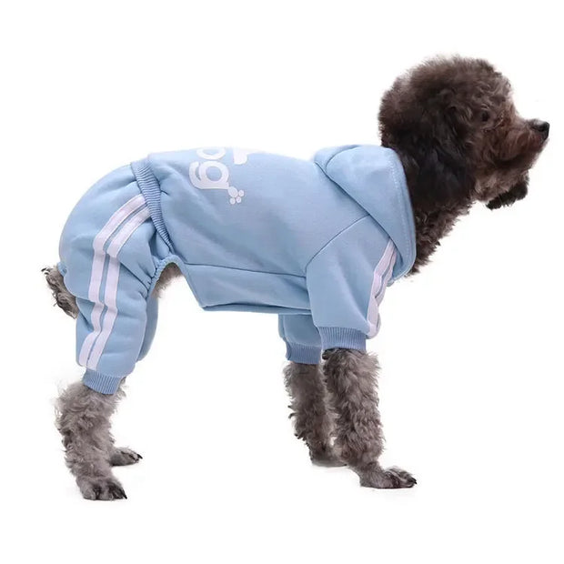 Dog wearing a light blue Sporty Pet Hoodie Jumpsuit with white stripes on a white background