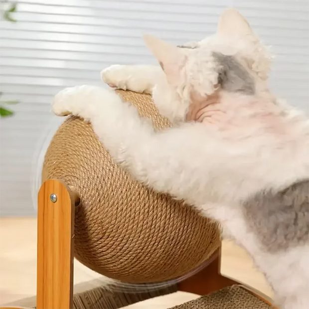 Cat lounging on a wooden Cat Scratcher with Sisal Ball.