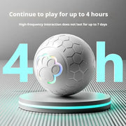 Ash Rechargeable Interactive Pet Toy Ball 300mAhl with hexagonal pattern on a stand, displaying text about playtime and interaction duration.