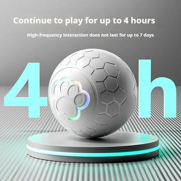 Ash Rechargeable Interactive Pet Toy Ball 300mAhl with hexagonal pattern on a stand, displaying text about playtime and interaction duration.