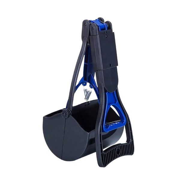 Black and blue Easy Grip Dog Pooper Scooper tool with a handle on a white background