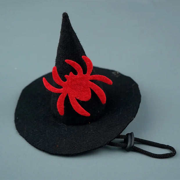 Black Halloween Witch Hat Collection with a red spider design on a gray background