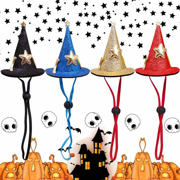 Halloween Witch Hats Collection with star decorations on a Halloween-themed background with pumpkins and ghosts.