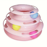 Pink three-tiered Cat Turntable Toy with colorful balls on a white background