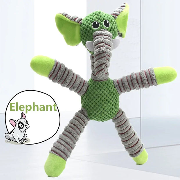 Plush Animal Dog Toys with green and gray stripes on a white background