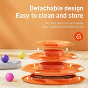 Orange Cat Turntable Toy with detachable design on a wooden surface, featuring text about ease of cleaning and storage.