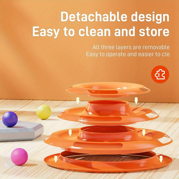 Orange Cat Turntable Toy with detachable design on a wooden surface, featuring text about ease of cleaning and storage.