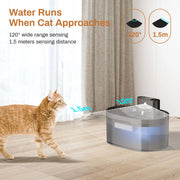 Cat approaching a  2.2L Automatic Cat and Dog Drinking Fountain with sensor range and distance information displayed.