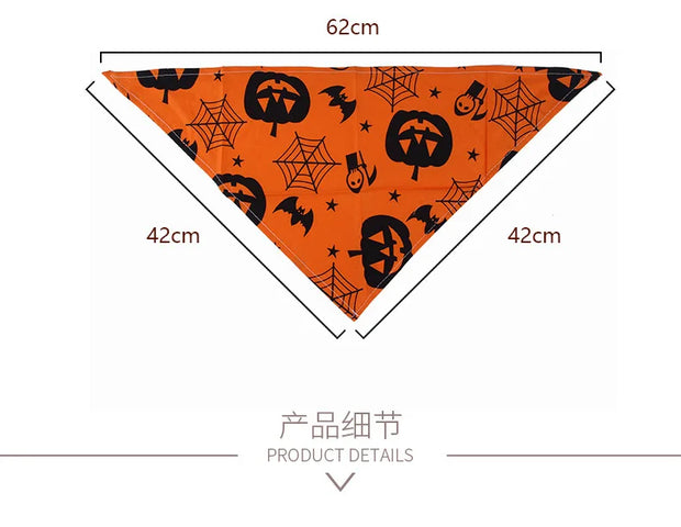 Halloween Pet Hat And Drool Towel Set triangular bandana with measurements on an orange background