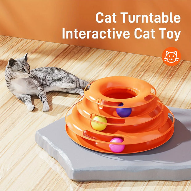 Cat Turntable Toy ball with a cat on a wooden floor