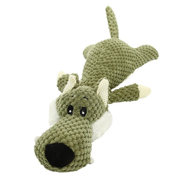 Green crochet Plush Animal Dog Toys on a white background