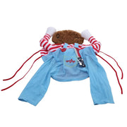 Blue Killer Doll Pet Costume with red accents on a white background