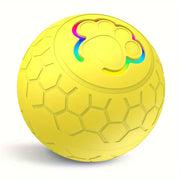 Yellow textured Rechargeable Interactive Pet Toy Ball 300mAhl with colorful design on a white background