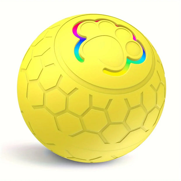 Yellow textured Rechargeable Interactive Pet Toy Ball 300mAhl with colorful design on a white background