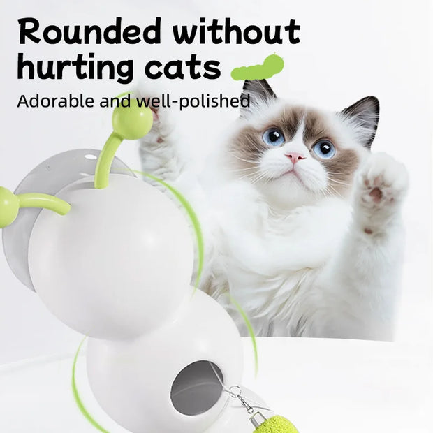 Cat playing with a white and green Caterpillar Interactive Cat Toy, text 'Rounded without hurting cats' and 'Adorable and well-polished'.