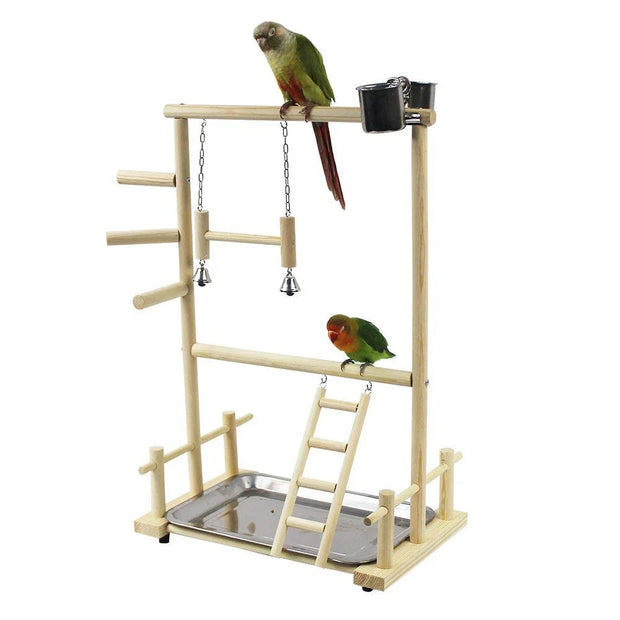 Wooden Bird Play Stand with birds on a white background