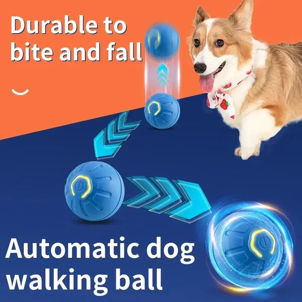 Automatic Obstacle Avoidance Pet Toy Ball with a dog on an orange and blue background