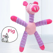 Pink and purple Plush Animal Dog Toys with a small illustration of a dog and the word 'Pig' on a white background.