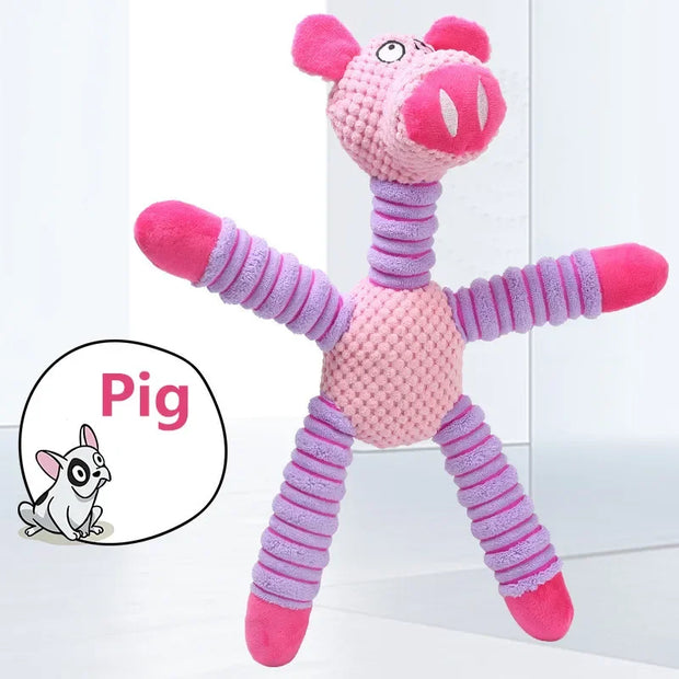 Pink and purple Plush Animal Dog Toys with a small illustration of a dog and the word 'Pig' on a white background.