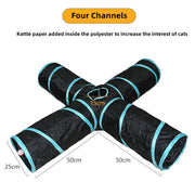 Black and blue Collapsible Cat Tunnel Toy with four channels and dimensions on a white background