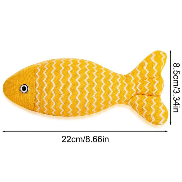 Yellow Catnip Fish Plush Toy with white stripes and measurements on a white background