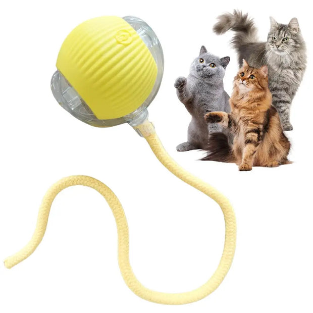 Automatic Moving with LED Light Cat Toy Ball with a yellow ball and string, accompanied by three cats on a white background