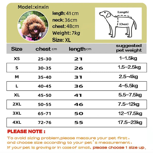 Dog Raincoat with Clear Hood size chart with measurements and weight suggestions