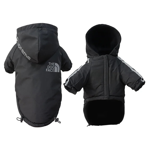 Black Dog Winter Jacket with Hood with Supreme and The North Face logos on a white background