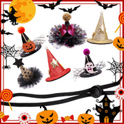 Halloween Witch Hats Collection with decorative elements on a festive background.