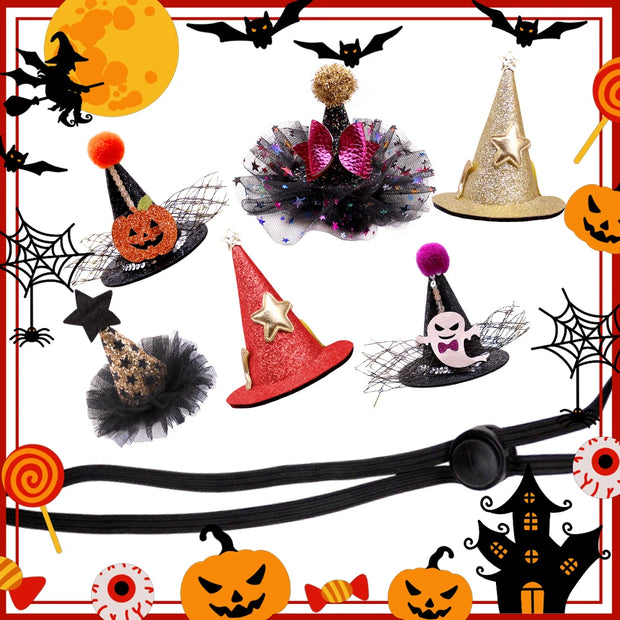 Halloween Witch Hats Collection with decorative elements on a festive background.