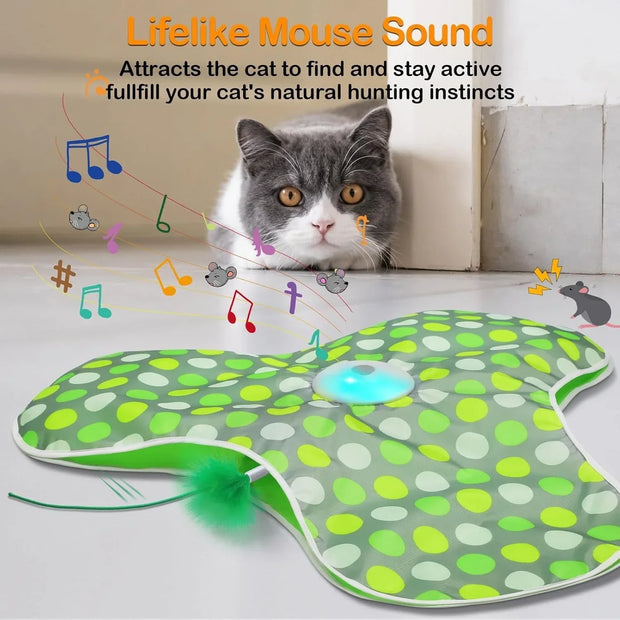 Hide and Seek Interactive Cat Toy Blanket with green and white pattern on a light background