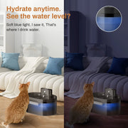 Cat interacting with  2.2L Automatic Cat and Dog Drinking Fountain in a living room setting, with text about water level visibility.