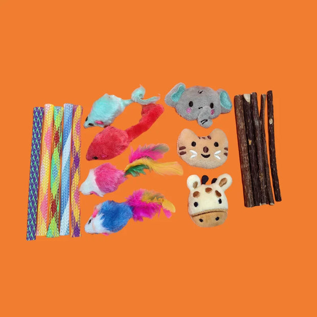 Assorted Soft Plush Pet Sports Balls Toy Set including chew sticks, plush mice, and catnip toys on an orange background