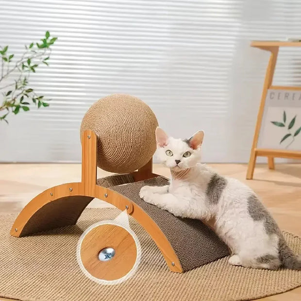 Cat playing with a wooden and cardboard Cat Scratcher with Sisal Ball on a carpeted floor.