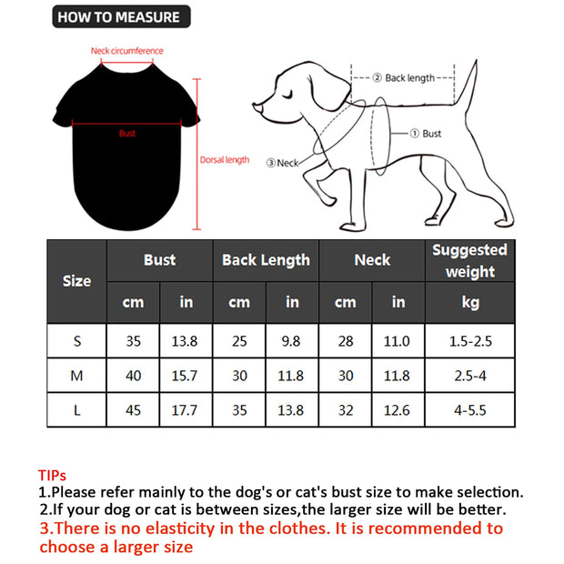 Measurement chart for Checkered Pet Dress with Matching Bib with diagram and size guide.