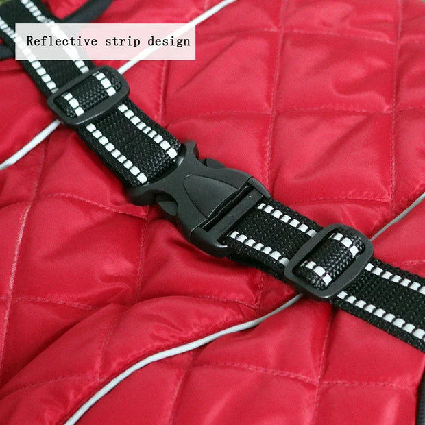 Black reflective Windproof and Waterproof Dog Jacket on a red quilted background