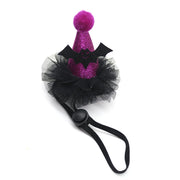 Black tulle bow with a purple Halloween Witch Hats Collection center on a white background