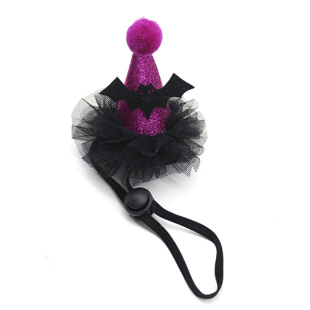 Black tulle bow with a purple Halloween Witch Hats Collection center on a white background