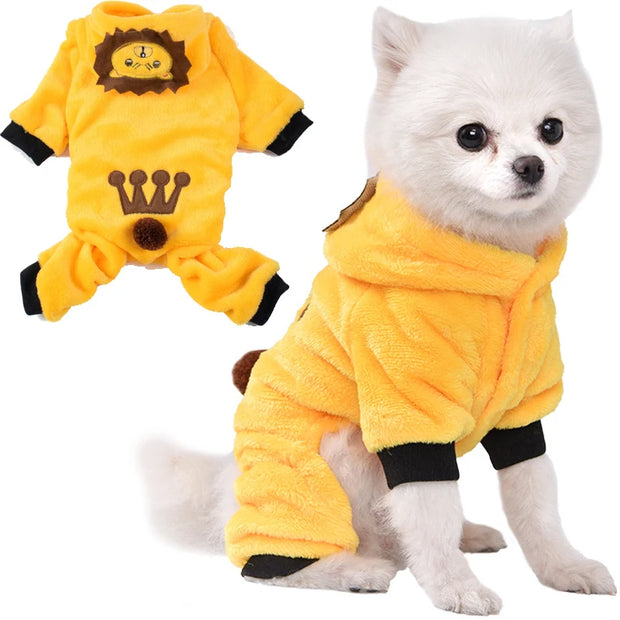 White dog wearing a yellow Dinosaur Hoodie Costume on a white background