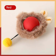 Red Interactive Cat Toy with Smart Obstacle Avoidance with fluffy brown cover and yellow ball on a white background