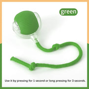 Green Automatic Obstacle Avoidance Pet Toy Ball with a rope, labeled 'green', on a white background.